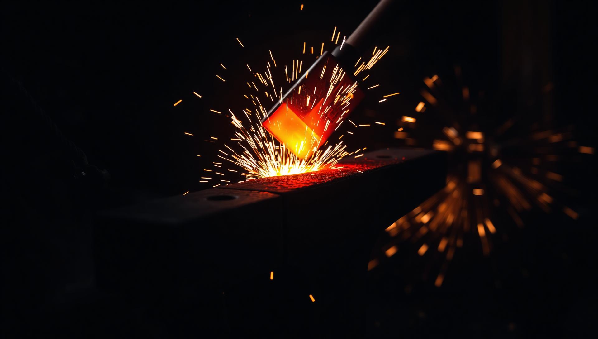 Glowing steel being hammered on an anvil with sparks flying