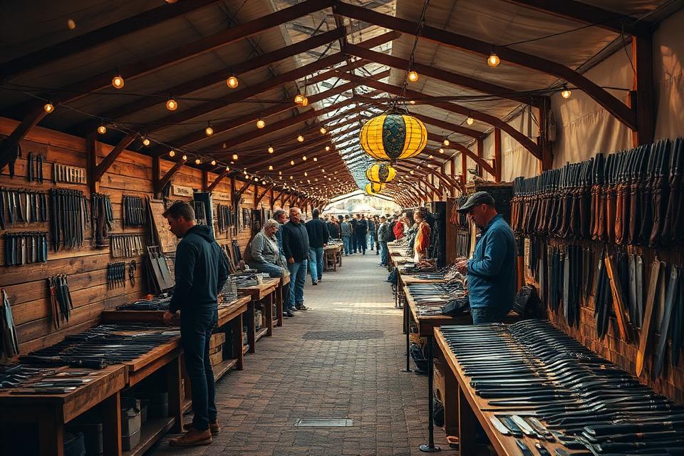 Artisan marketplace with custom knives and blacksmith tools on wooden stalls
